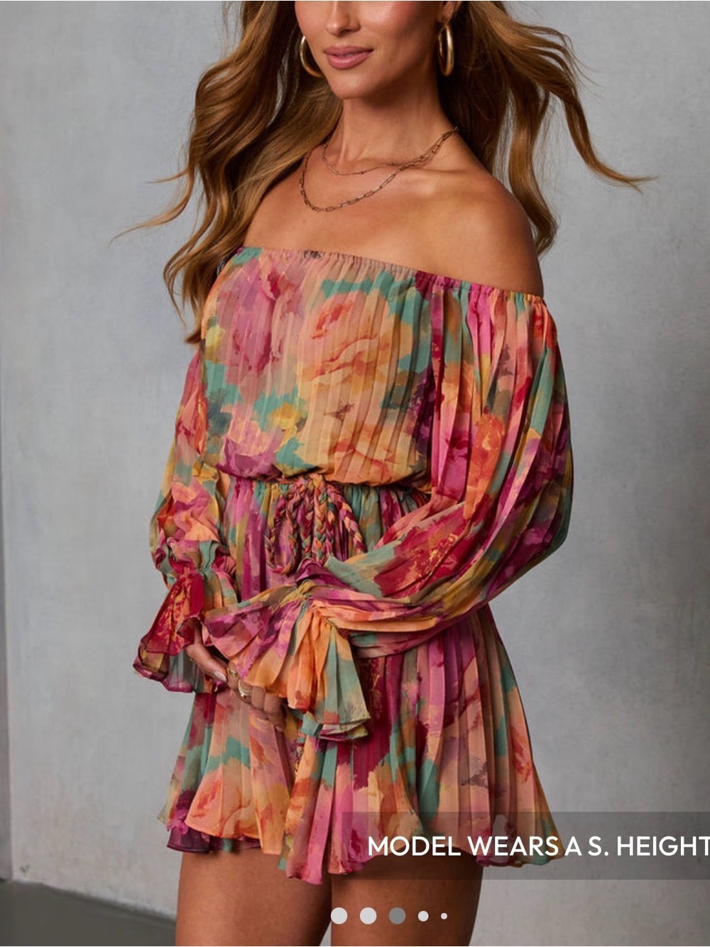 Vici Off-Shoulder Floral Mini Dress in Multi-Pink & Teal